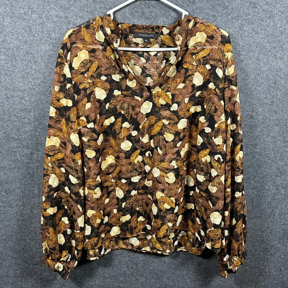 Marc New York‎ Andrew Marc XL Brown Floral Leaf Print Split Neck Blouse Top Gold
